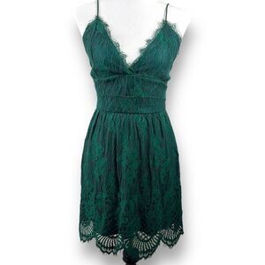 Aooksmery Women's Size M Lace Mini Dress Emerald Green Tie Back New